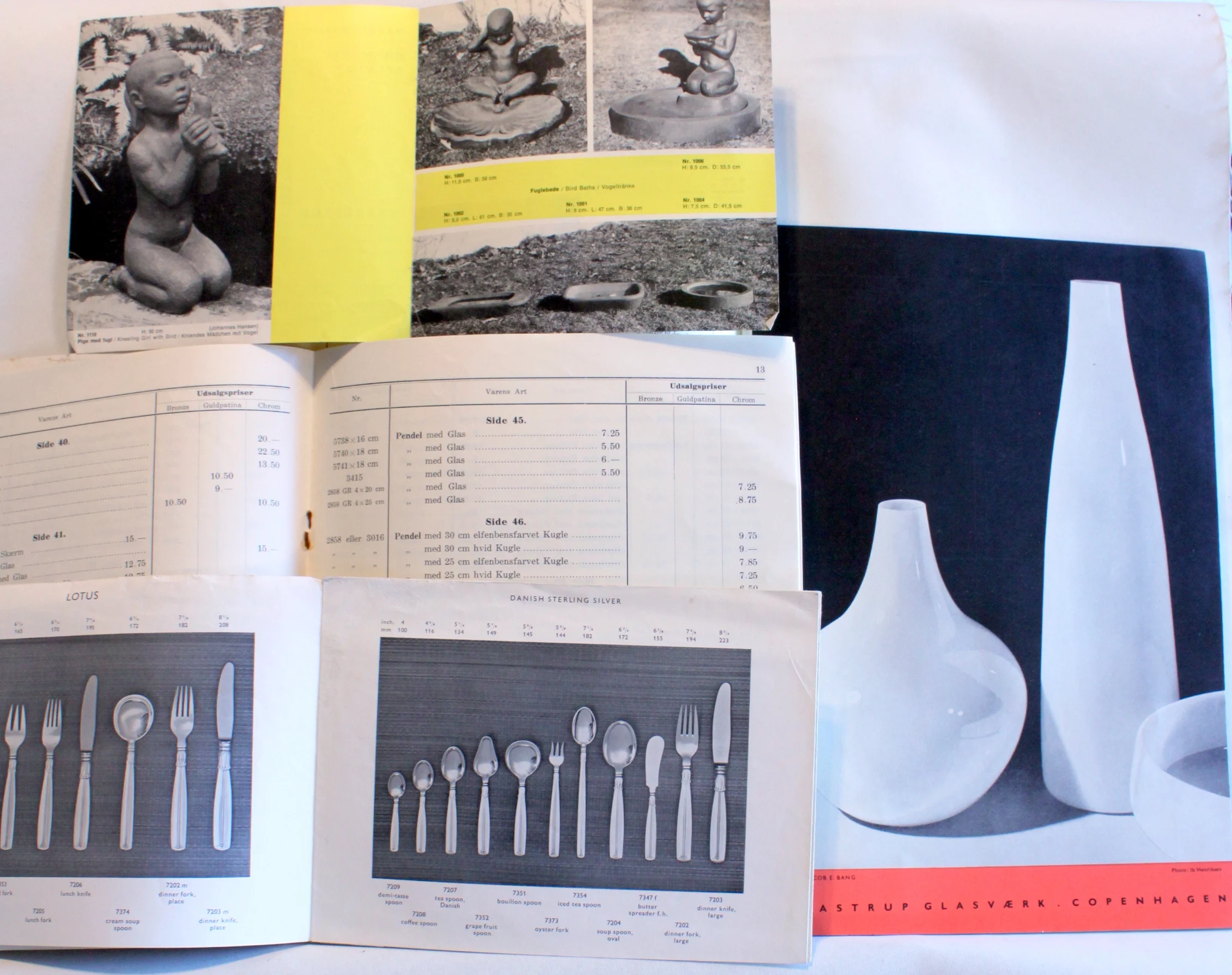 Bogomslag: Dansk Kunst Haandværk. Belysning prisliste 1939-40. Knabstrup. Lotus Funkis. af H. A. Gruberts Sønner. Tidsskrift for Boligindretning. m.m.