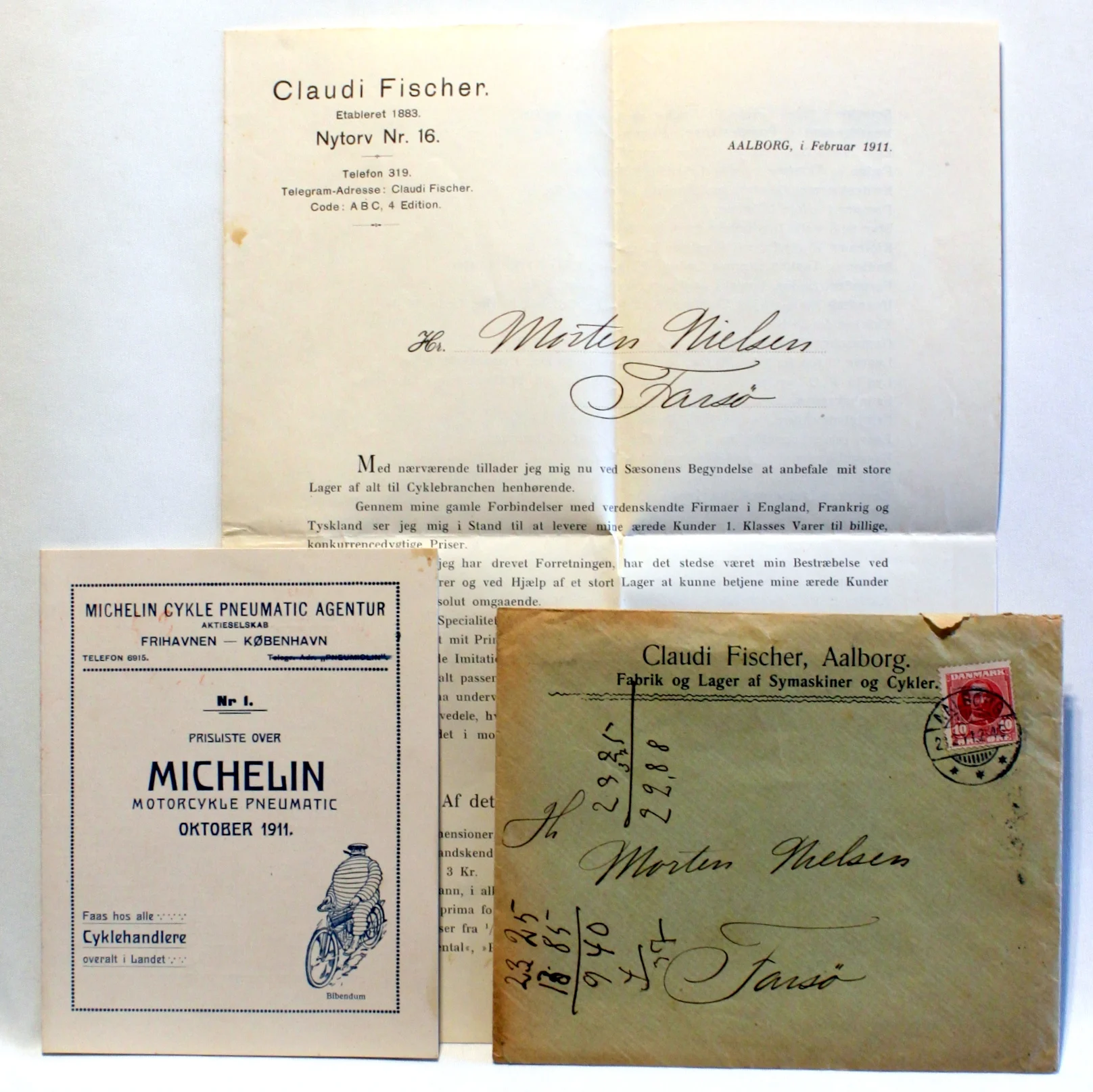 Michelin Motorcykle Pneumatic 1911. Prisliste fra Claudi Fischer Aalborg 1911.